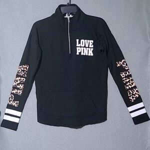 PINK VICTORIA'S SECRET Black Quarter‎ Zip Pullover Sweatshirt Leopard Print - XS